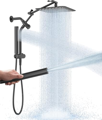 Image of Veken All Metal 10 inch Black Shower Head with Handheld, Luxurious Square Double Rain Shower Heads with Power Wash Hand Held,Dual High Pressure Detachable Rainfall Showerhead with Arm,Bathroom,Matte Black