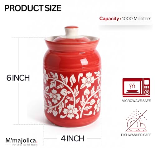 Image of Orange Floral Printed Ceramic Handglazed Pickle Jars Set of 1-1000 ML Each | 1 kg Achaar Martban Barni Jar with Lid | Ceramic Storage Jar Container Pickle /Achar, Chatney