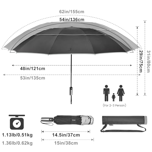 G4Free 62 Inch Windproof Inverted Umbrella with Reflective Stripe Large Compact Reverse Golf Umbrella for Rain 10 Ribs Double Canopy Travel Umbrella Automatic Open Close