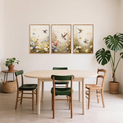 CHDITB Floral Bird Framed Canvas Wall Art Set Of 3, Vintage Garden Wall Decor, Nature Wildflower And Bird Wall Painting, Botanical Flower Art Prints For Dining Room Bedroom Decor (12X16 Inch) by CHDITB - Used condition - Image 2