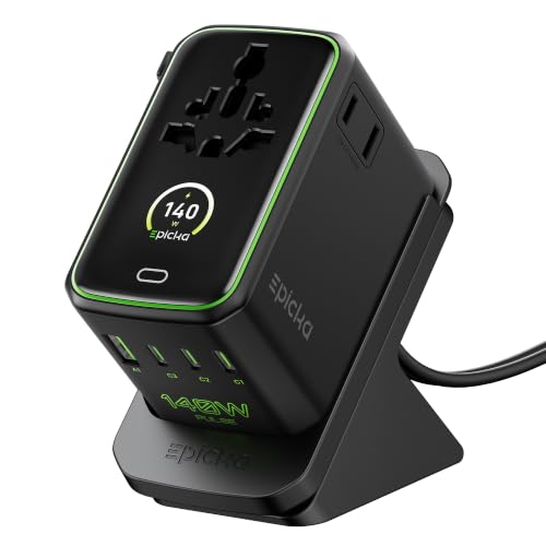 Image of Epicka Pulse Duo 140W GoStand Universal Travel Adapter with Desktop Stand & Smart Display, International Power Adapter with 3.28ft Cable, 2 AC Outlets PD 3.1 PPS Compatible with MacBook, iPhone