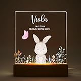 Mainely Nachtlicht Kinder personalisiert Linos Hase Blumenwiese – LED Nachtlicht Baby – Stilllicht – Lampe fürs Kinderzimmer – Personalisiertes Geschenk zur Geburt
