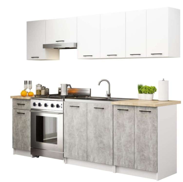 BDW - Cucina completa - Set di mobili da cucina senza elettrodomestici - Mini cucina larga 240 cm - 240x203x46 cm - Mobili da cucina Bianco/Cemento