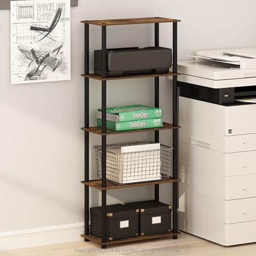 Image of Furinno Turn-N-Tube Storage Shelves, 5-Tier Book Shelf, Corner Shelf, Toolless Open Shelves, for Organization and Storage, Living Room, Garage, Home Office, Amber Pine