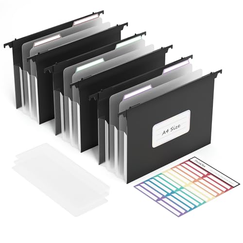 ThinkTex Dossiers Suspendus A4, Extensibles avec Étiquettes et Séparateurs, Adaptés aux Classeurs et aux Maisons, Écoles et Entreprises (Noir, Lot de 3)
