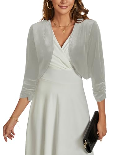 Image of Womens Velvet Bolero Shrug Elegant Open Front Ruched 3 /4 Sleeve Cocktail Party Cropped Cardigan