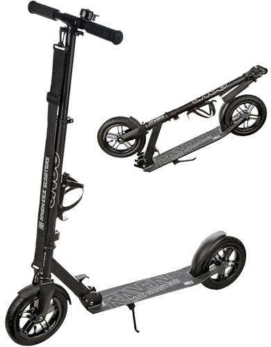 RAVEN Scooter Roller Tretroller Kickscooter für Kinder Erwachsene | klappbar | höhenverstellbar | Tragegurt | Klingel | Flaschenhalter | Luftreifen (Snug Black, 200mm)