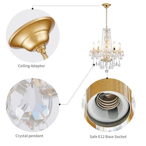 WUZUPS Crystal 5-Light Candle Chandelier Pendant Flushmount Ceiling Light Modern Lighting Fixture for Bedroom Hallway Bar Kitchen Bathroom, H 25" x W 20", Gold, E12 Base by WUZUPS - Used condition - Image 3