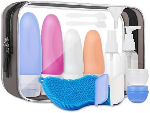 Silicone Travel Bottles TSA Approved, Leak Proof Shampoo And Conditioner Bottles Set, Toiletries Accessories With Slicone Bath Body Brush, Spray, Pump Bottle and Cream Jars, 14 Pack