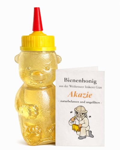 Weißenseer Imkerei Gütt Kleiner Bär mit Honig – Akazienhonig naturbelassen & ungefiltert tropffrei & mild-aromatisch aus regionaler Imkerei 250 g
