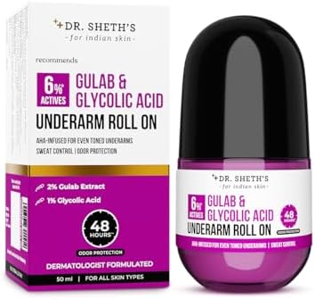 Dr. Sheth's Gulab & Glycolic Acid Underarm Roll On | Reduces Pigmentation | Brightens Skin & Prevents Body Odour | Aluminium-Free | Alcohol-Free | for Men & Women | 50 ml