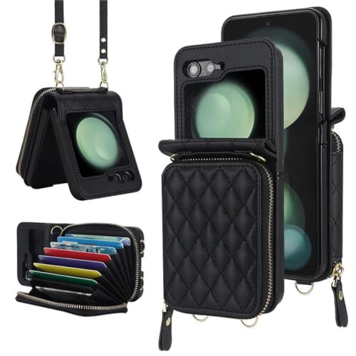 Étui portefeuille en cuir pour Samsung Galaxy Z Flip 5 4 3 avec lanière amovible noir