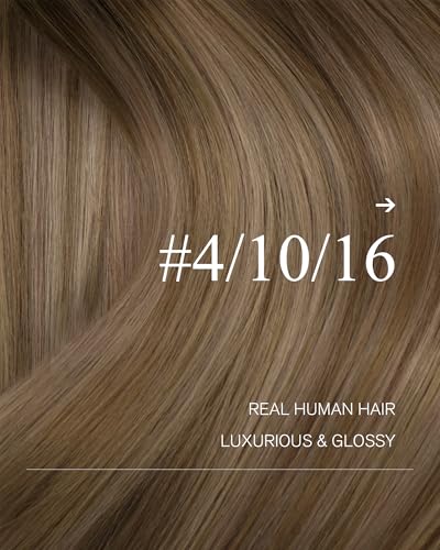 Image of YoungSee Sew in Human Hair Extensions Balayage Hand Tied Weft Hair Extensions Human Hair Sew in Extensions Chocolate Brown with Light Mix Golden Brown Balayage Straight Hair Bundle 16Inch 100G