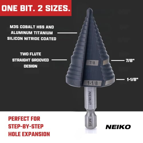 Image of NEIKO 10628B Step Drill Bit, 2 Steps 7 /8 inch to 1-1 /8 inch Straight M35 Cobalt, AlTiSiN Coated, 1 /4 inch Quick Change Step Bits for Steel, Metal, Wood, Plastic, Unibit Cone Drill Bits, Two Flute