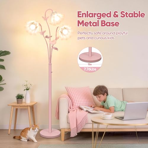 Image of TOBUSA Flower Floor Lamp for Bedroom, 3-Light Vintage Pink Standing Lamp with Flexible Gooseneck, 75'' Tall Retro Floral Stand Up Lamp for Living Room, Modern Unique Cute Flower Corner Lamp for Girl