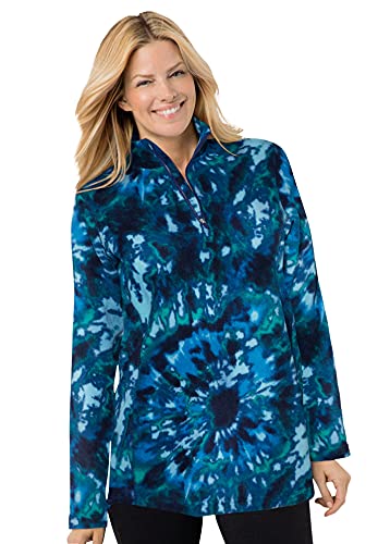 Woman Within Plus Size Microfleece Quarter-Zip Pullover - L, Navy Fun Tie Dye