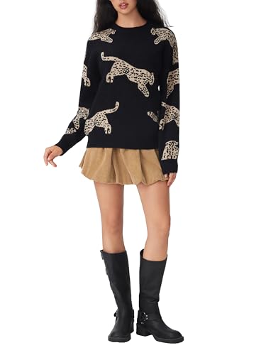 CIDER Womens Leopard Print Sweater Crew Neck Casual Pullover4