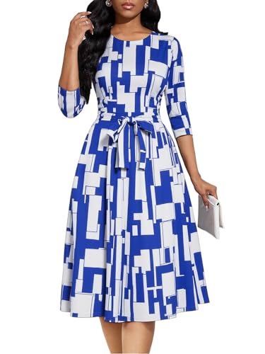 Image of Casual Dresses for Women Midi Church A-Line Fit and Flare Dress Crewneck 3 /4 Sleeve Party Dress