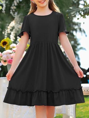 MITILLY Girls Summer Short Sleeve Dress Cute Ruffle Crew Neck A Line Flowy Beach Party Dress with Pockets 6-13 Years2
