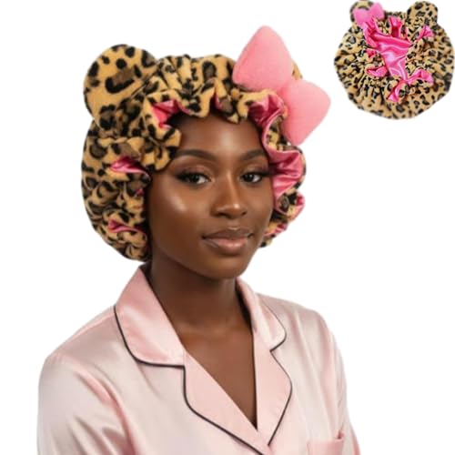 Leopard Print & Pink Teddy Bonnet Leopard Print Teddy Bonnet Ultra-Cozy to Wear Helps Reduce Breakage (Pink)