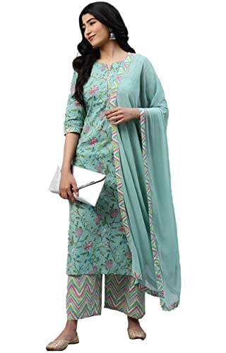 Image of Amayra Women's Cotton Printed Straight Kurti with Palazzos and Dupatta Set