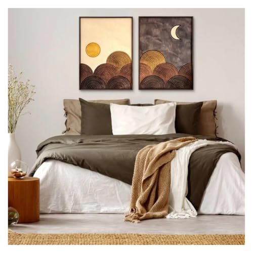 Peinture sur toile soleil et lune lot de 2 décorations murales modernes 50x70cm