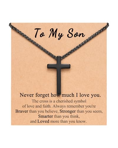 PINKDODO To My Son Gifts from Mom Teenage Teen Boy Gifts Ideas Cross Necklace for Boys 8 10 12 13 15 16 18 11 Year Old Birthday Baptism Christmas Stocking Stuffers for Son Teens Kids