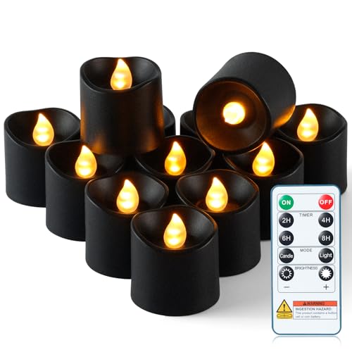 Image of Homemory 12Pack 400+Hour Remote Control Flameless Candles, 2 /4 /6 /8H Timer Led Votive Candles, Battery Operated Tea Lights for Wedding Table Centerpiece, Holidays, Halloween Pumpkins-Black Base