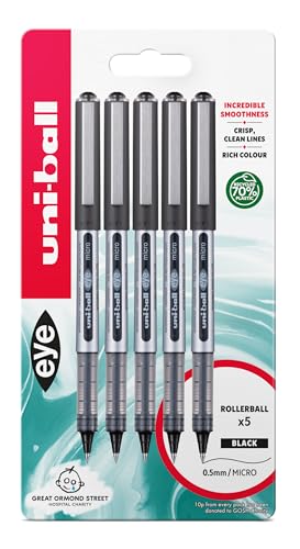 uni-ball - Eye, Micro Nib, Black Liquid Ink Rollerball Pens (5pc Set) - Smooth, Comfortable, Long Lasting, Japanese Quality, for School, Work, Office, Study, Teacher, Notes, Journal, Gift