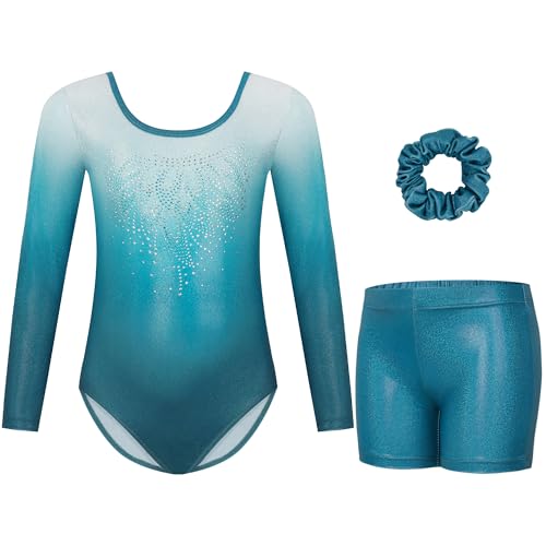 Gogokids Maillots de Gymnastique Trois Pièces pour Filles, Ensemble de Gymnastique à Manches Longues avec Short et Bandeau, Justaucorps de Danse Brillant avec Design de Couleur Dégradée pour 3-4 Ans