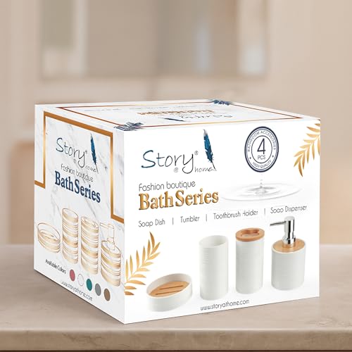 Image of Story@Home 4 Pieces Bathroom Accessories Set - Brown | Toothbrush Holder, Soap Dispenser, Mouth Wash Cup & Soap Dish for Home Kitchen & Bathroom | Bathroom Essentials for Offices