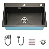 Fregadero empotrado KORVO antracita negro, hecho a mano 304 de acero inoxidable fregadero de cocina moteado 70 x 45 cm, reversible + sifón