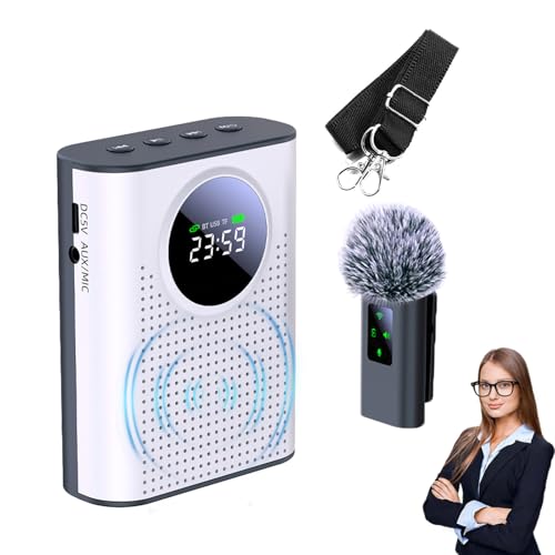 Comodo sistema di amplificazione wireless: l'altoparlante con microfono dispone di un microfono a clip wireless da 2,4 GHz integrato, pronto per l'uso immediatamente dopo l'accensione. Il microfono si attacca al colletto o alla cravatta, quindi non sono necessari auricolari scomodi. Ciò riduce notevolmente il carico e offre maggiore comfort durante l'insegnamento o le presentazioni. Ideale per le lezioni in classe, per visite guidate all'aperto, per parlare sul palco.