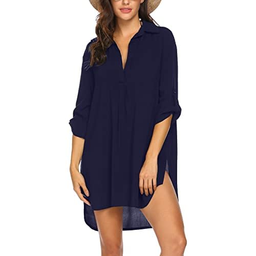UNibelle Strandkleid Damen Bikini Cover Up Tunika Bluse Lang Strandkleid Damen Shirt Strandponcho Sommer Cuffed Sleeve Shirts Tops