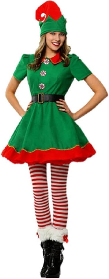 Christmas Elf Costume Women Men Christmas Costume Fancy Dress Short Sleeve Dress Pants Over The Kneel with Hat Belt and Socks
