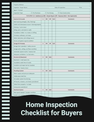 Home Inspection Checklist for Buyers: Property Inspection Record for Pre-Purchase Home Evaluation, Condition Review, and Real Estate Walkthrough Notes.