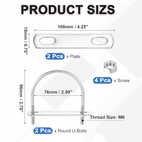 Image of PATIKIL Round U-Bolts, 2 Pcs 2.99 inch(76mm) Inner Width 96mm Length M6 with Nut Plate Washer 304 Stainless Steel Round Bend U-Bolts for Boat Trailer Axle Sailboat