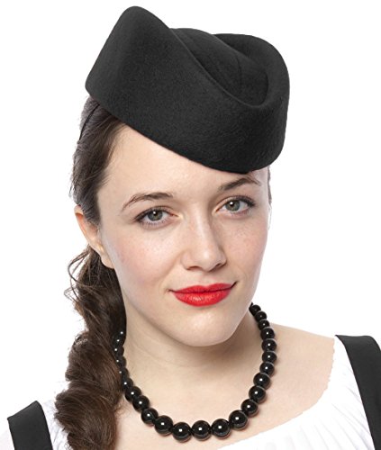 Black Stewardess Pillbox Hat - Air Hostess Uniform Wool Felt - Retro Style