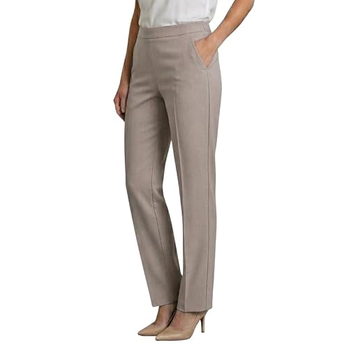 Image of Ladies Trousers Half Elasticated Waist Women Straight Leg Pants Pull On Stretch Work Office Formal Casual Bottom with Pockets Lightweight Smart Trouser Taupe 16/27