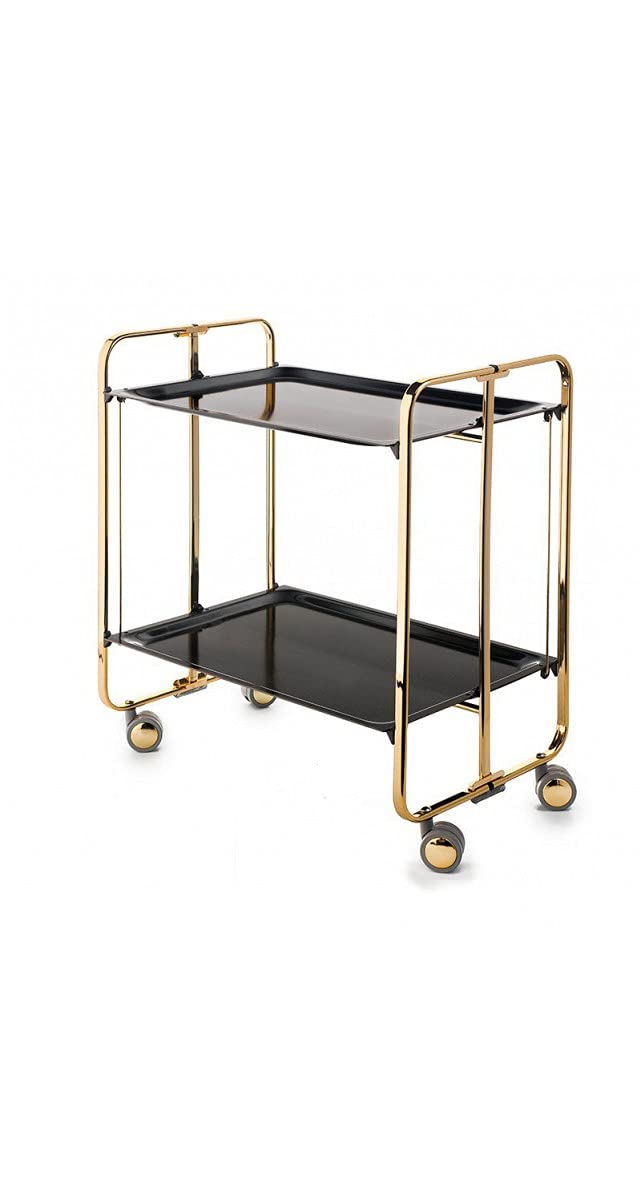 DON HIERRO 2-Tier Folding Bar & Kitchen Cart on Wheels – Gold-Plated Frame Black Shelves– Bauhaus