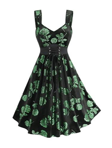 Image of Rosegal Women Plus Size Gilding Rose Lace Up Velvet Sleeveless Swing Dress