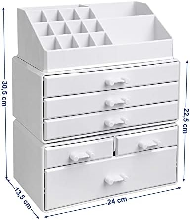 SONGMICS Large Acrylic Make up Organiser, Stackable Cosmetic Box with 6 Drawers, for Palette, Brush, Foundation, Lipstick, Nail Polish, Hairpins, Great Gift for Loved Ones, White JKA009WT