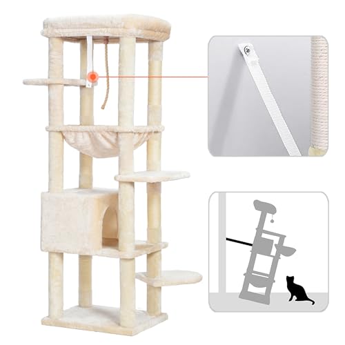 Image of Heybly Cat Tree for Large Cats, 20lbs Heavy Duty, 60 inches HCT050M | Cat Tower for Indoor Cats with Big Padded Plush Perch, Multi-Level Furniture Condo with Cozy Basket, Beige