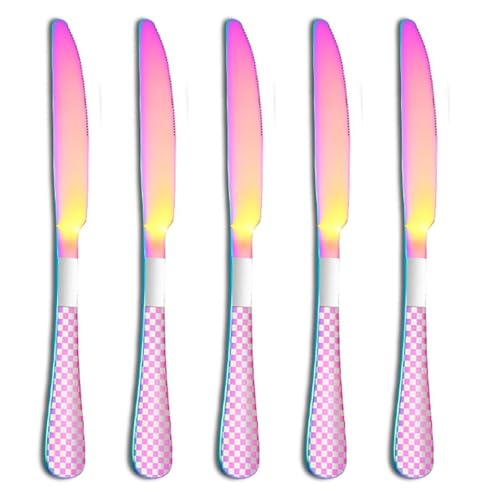 Image of 9 inch Rainbow Steak Knives Set of 5 with Checks Printed Handle ? Durable Stainless Steel Dinner Knife, Mirror Polished Silverware, Perfect for Home, Restaurant, and Gifting