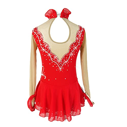 Vestido de patinação no gelo para meninas de manga comprida com contas e gola gargantilha, Vermelho,