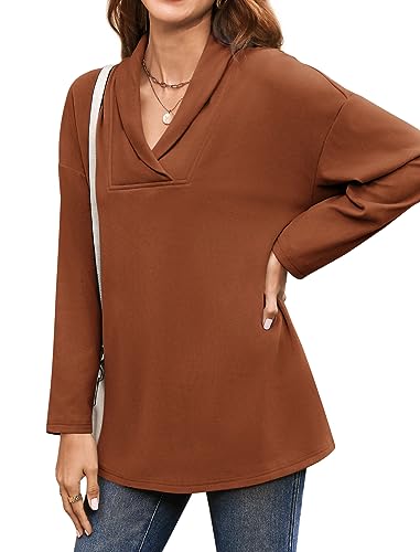 Image of Women's Long Sleeve Tops Fall Shawl Neck Tunic Tops for Leggings Casual Blouse Sweatshirt