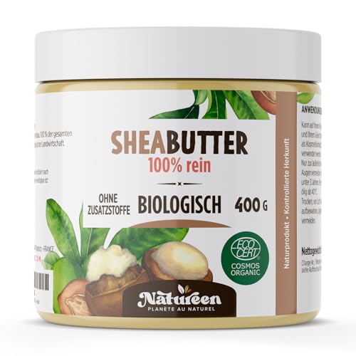 SheaButter Biologisch 400 g - Karité Butter - 100% Rein -100% Natürlich - Unraffiniert - Vegan - alle Hauttypen, Natürliche Körperbutter - Gesicht, Lippen, Haare - Pflegt, Schützt, Befeuchtet
