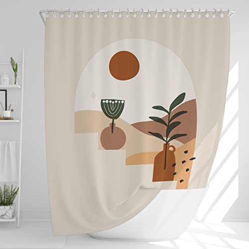 Fablus Beige Boho Desert Shower Curtain For Bathroom, 72" W X 72" L Boho Vintage Plant Shower Curtain, Aesthetic Mid Century Shower Stall Decor, Durable Fabric Shower Curtain With Hooks #TOP1