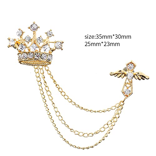 Image of Crystal Crown Cross Chain Brooch Pin,Long Chain Tassel Wing Suit Lapel Pin Rhinestone Crown Badge Pin Jewelry for Women Men Birthday Gifts