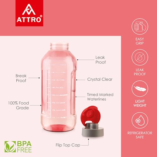 Image of ATTRO Ultra Pro 2 Motivational 2-Liter BPA-Free Water Bottle with Leak-Proof Flip-Top Cap, Nylon Strap and Stylish Red Color for Daily Hydration-Set Of 2